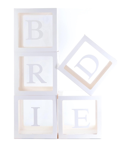 Set 5 Cutii pentru Baloane, Flippy, Model Scris Bride, Tematica Nunta, Cuburi Decorative din Plastic, Accesorii pentru Petrecere, 30 x30 cm, Transparente Contur Alb