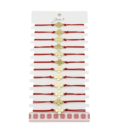Bratara Martisor pentru Dama, Jolie, Model Trifoi, Set 12 bucati, Pandativ din Inox Auriu, Snur Ajustabil Impletit, Rosu