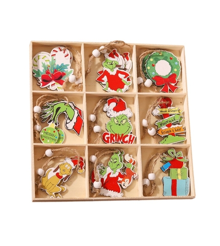 Set 18 Decoratiuni de Craciun din Lemn, Flippy, cu Snur pentru Agatare in Brad, Model Grinch, Diferite Dimensiuni, Multicolor