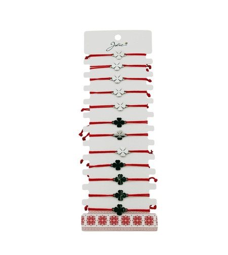 Bratara Martisor pentru Dama, Jolie, Model Trifoi cu 4 Foi, Set 12 bucati, Pandativ Argintiu din Inox cu Snur Rosu Ajustabil