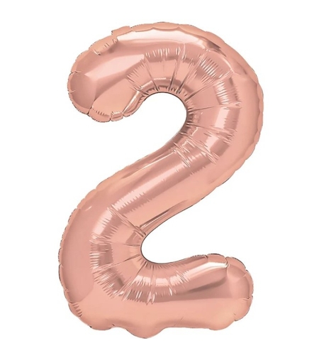 Balon din Folie Metalizata Flippy, Figurina Cifra, Tema Aniversare 40 cm, Ambalaj Individual, Pai inclus, Umflare cu Aer sau Heliu, Rose Gold, Cifra 2
