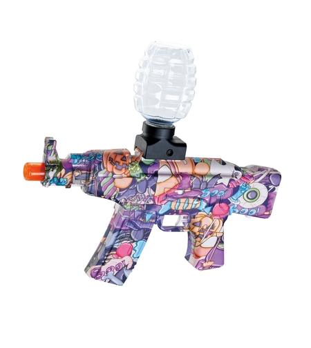Mitraliera de jucarie electrica Flippy cu bile de hidrogen de gel, gun bluster, tragere in rafala, varsta peste 6 ani, ochelari de protectie, 5000 de bile incluse, cablu de incarcare, 28x31 cm, AK47, mov