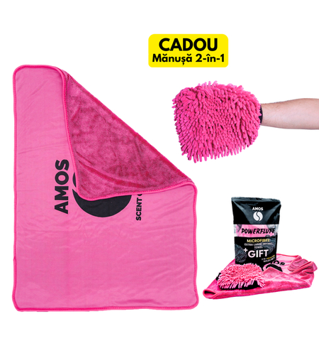 Pachet prosop roz microfibra ultra absorbant AMOS fluffy 1000 GSM 60*80cm + manusa roz CADOU