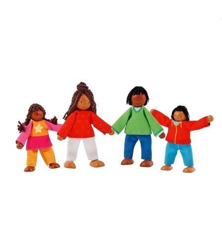 Set 4 păpuși flexibile din lemn Goki - Familia Colorată, 9-11 cm