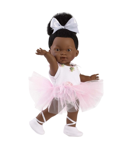 Papusa Llorens Zoe / Lu Balerina, mulatra, din vinil moale cu corp articulat, costum cu tutu roz, 28 cm, 3 ani+