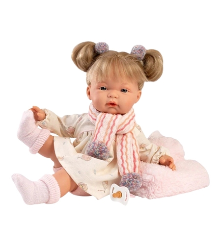 Papusa interactiva Llorens Joelle Llorona, bebelus cu corp moale, codite, vesta din blanita roz si sunete, 38 cm, 3 ani+