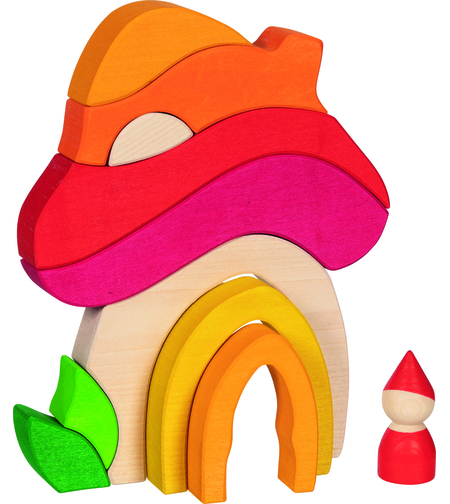 Joc de construcție și puzzle 3D din lemn Goki Evolution - Casa Ciupercă (Mushroom House), 7-11 piese