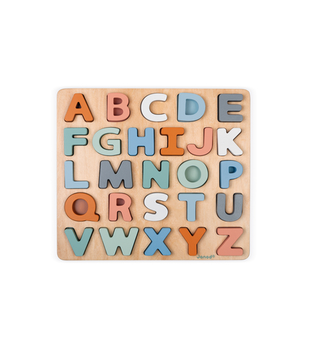 Puzzle alfabetic, Janod, din lemn, multicolor, 2-6 ani