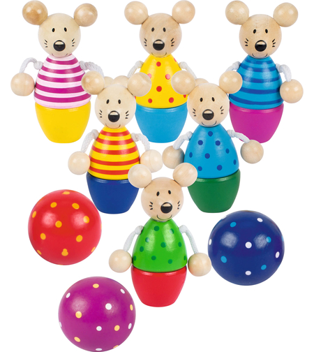 Joc de îndemânare tip mini-bowling din lemn Goki Speedy Skittle Game Mice,3 ani+