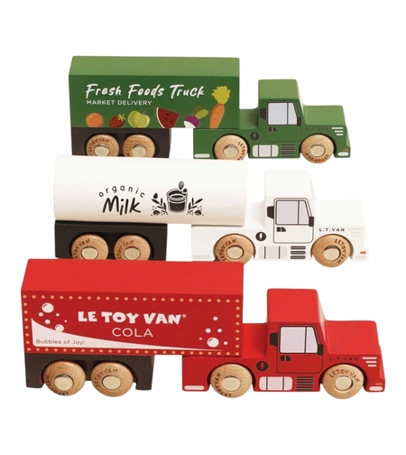 Set 3 Camioane din Lemn cu Remorcă Detașabilă Le Toy Van
