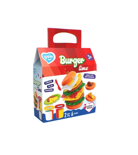 Set creativ de modelaj OKTO Clay Burger Time, include aluat multicolor, matrita pentru burger si accesorii, 3 ani+