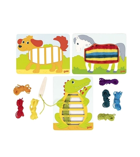 Jucărie din lemn cu șireturi / Război de țesut cu ață (Crocodil, Câine, Căluț)- Goki,3 ani+