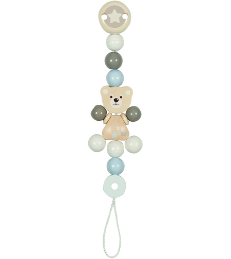 Lanț pentru suzetă Goki, model Ursuleț cu stele, din lemn, reglabil, 21 cm, Multicolor/Pastel