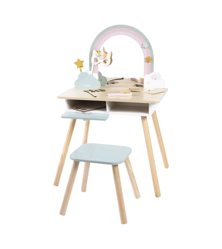 Masuta de toaleta din lemn Janod, Unicorn, cu scaunel, oglinda, compartiment magnetic si 10 accesorii, 3-6 ani