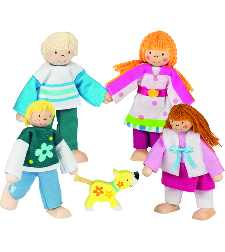 Set 5 Păpuși Flexibile din Lemn Goki – Familia Susibelle cu Cățeluș
