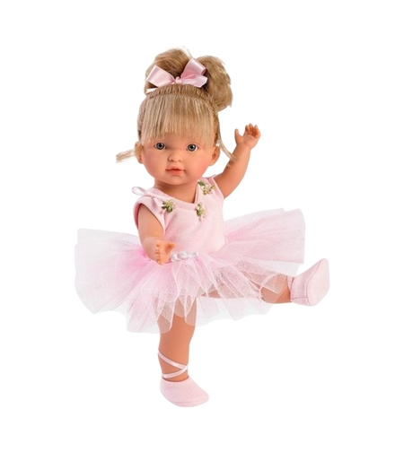 Papusa Llorens Valeria / Lu Balerina, din vinil moale cu corp articulat, costum roz cu tutu, 28 cm, 3 ani+