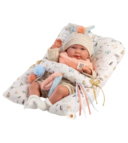 Papusa interactiva Llorens Mimi Llorona, bebelus cu corp moale, hainute ecru, suzeta si perna de joaca inclusa, 42 cm, 3 ani+
