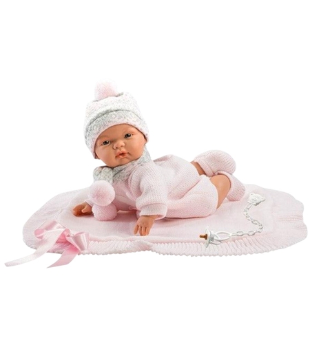 Papusa interactiva Llorens Joelle Llorona, bebelus cu corp moale din material textil, paturica roz si sunete, 38 cm, 3 ani+