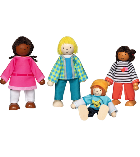 Set 4 Păpuși Flexibile din Lemn Goki, Familie Interculturală, 9-11 cm, +3 ani