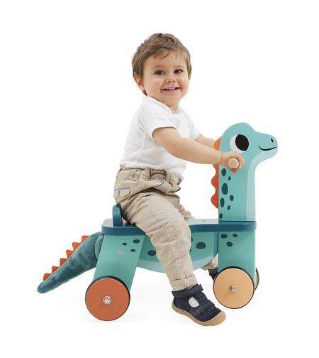 Bicicleta cu 4 roti, Janod, Dinozaur, din lemn, 1 an+