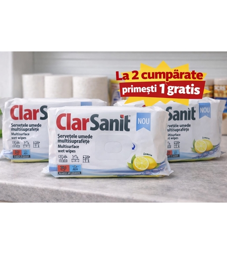 Șervețele umede multisuprafețe ClarSanit Lemon, 3 pachete (Promoție 2+1 Gratuit)
