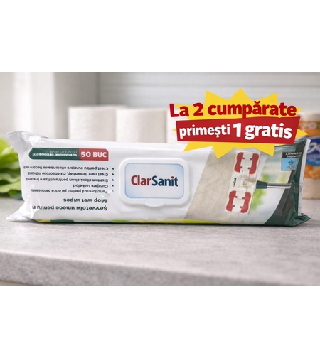 Șervețele Umede pentru Mop ClarSanit Lemon cu Bicarbonat de Sodiu și Oțet, 50 Bucă (Promoție 2+1 Gratuit)ți