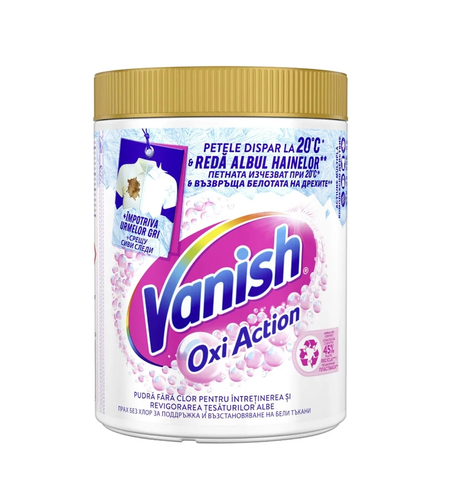Pudră pentru Îndepărtarea Petelor și Înălbirea Hainelor Fără Clor Vanish Oxi Action pentru Rufe Albe, 470 g