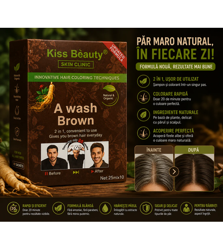 Șampon Colorant pentru Bărbați Kiss Beauty A Wash Brown (Maro Natural), 10 plicuri x 25ml