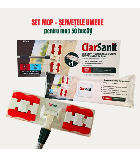 Set Mop Plat ClarSanit și Șervețele Umede pentru Mop cu Bicarbonat, 50 bucăți