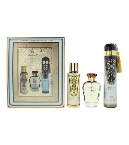 Set Ard Al Zaafaran: Turab Al Dhahab, Eau De Parfum, For Women, 100 ml + Turab Al Dhahab, Deodorant Spray, For Men, 250 ml + Turab Al Dhahab, Room Spray, 300 ml