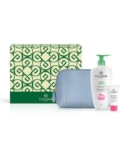 Set Collistar: Special Perfect Body - Deep Moisturizing Fluid, Italian Peony Extract, Hydrating, Day, Body Lotion, 400 ml + Idro-Attiva+, Deep Moisturizing, Gel Cream, Face, 25 ml + The Bridge, GWP Textile Pouch, Blue