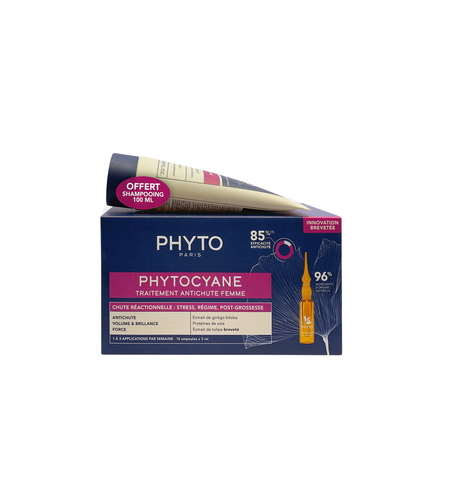 Set Phyto: Set, Phytocyane, Leave In Scalp Treatment Serum, Anti-Hair Loss, 12 pcs, 5 ml *Vial + Phytocyane, Hair Shampoo, Anti-Hair Loss, 100 ml