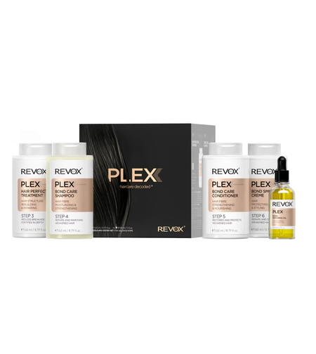 Set Revox B77: Plex Bond Step 3, Hair Cream Treatment, Anti-Breakage, 260 ml + Plex Bond Step 4, Hair Shampoo, For Strengthening, 260 ml + Plex Bond Step 5, Hair Conditioner, Restores, 260 ml + Plex Bond Step 6, Hair Cream Treatment, Repairing, 260 m
