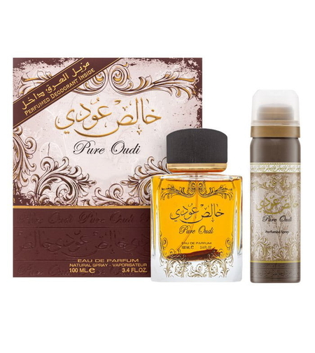 Set Lattafa:  Pure Oudi, Eau De Parfum, Unisex, 100 ml +  Pure Oudi, Anti-Perspirant, Deodorant Spray, Unisex, 50 ml