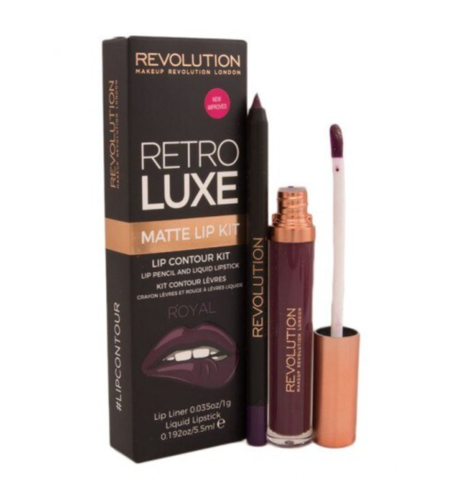 Set Makeup Revolution: Retro Luxe, Matte, Liquid Lipstick, Royal, 5.5 ml + Retro Luxe, Lip Liner, Royal, 1 g