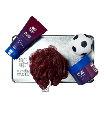 Set FC Barcelona: FC Barcelona, Body Sponge + FC Barcelona, Hair Styling Wax, 100 g + FC Barcelona, Bath Bomb + FC Barcelona, Shower Gel, 100 ml + FC Barcelona, Metal Cup Holder