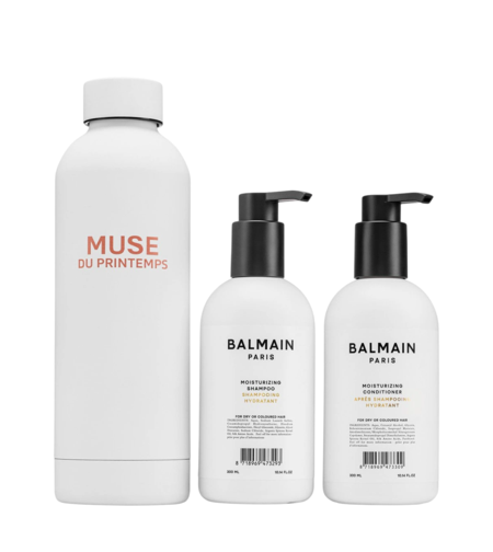 Set Balmain Professionnel: Balmain Professionnel, Argan Oil, Hair Shampoo, Moisturizing, 300 ml + Balmain Professionnel, Hair Conditioner, For Moisturizing, 300 ml + Muse Du Printemps, GWP Steel Water Bottle, White