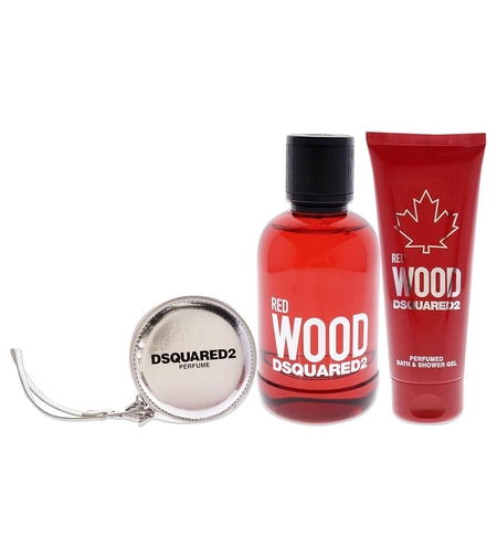 Set Dsquared 2: Red Wood, Eau De Toilette, For Women, 100 ml + Red Wood, Shower Gel & Shampoo 2-In-1, 100 ml + Dsquared, GWP Textile Pouch, Silver