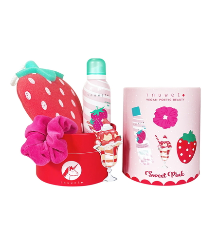 Set Inuwet: Strawberry, Cleansing & Moisturising, Shower Mousse, 200 ml + Scrunchy, Hair Elastic + Strawberry, Body Sponge + Strawberry, Gift Sticker