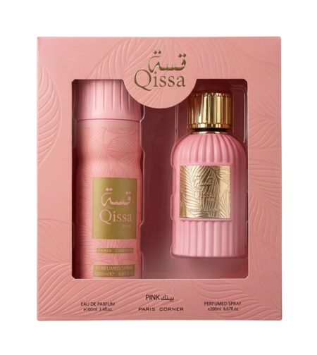 Set Paris Corner: Qissa Pink, Eau De Parfum, For Women, 100 ml + Qissa Pink, Deodorant Spray, For Women, 200 ml