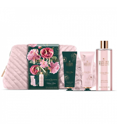 Set The Luxury Bathing Company: Velvet Rose & Peony, Cleansing & Refreshing, Shower Gel, For All Skin Types, 250 ml + Velvet Rose & Peony, Moisturizing, Hand Cream, 50 ml + The Luxury Bathing Company, Cleanse & Scrub, Body Sponge + The Luxury Bathing