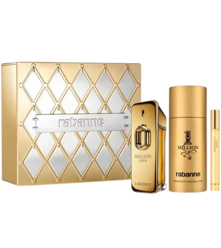 Set Paco Rabanne: Million Gold, Eau De Parfum, For Men, 100 ml + Million Gold, Eau De Parfum, For Men, 10 ml + 1 Million, Anti-Perspirant, Deodorant Spray, For Men, 150 ml