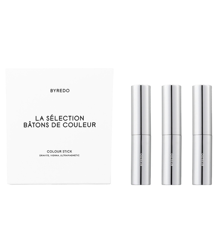 Set Byredo: Colour Stick, Multifunctional, Eyeshadow Stick, Dravite, 3.5 g + Colour Stick, Multifunctional, Eyeshadow Stick, Vienna, 3.5 g + Colour Stick, Multifunctional, Eyeshadow Stick, 580, Ultramagnetic, 3.5 g + Byredo, GWP Textile Pouch