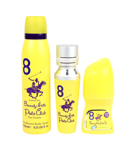 Set Beverly Hills Polo Club: 1982 - Sport 8, Eau De Parfum, For Women, 50 ml + 1982 - Sport 8, Freshness, Body Spray, 150 ml + No.8, Anti-Perspirant, Deodorant Roll-On, For Women, 50 ml