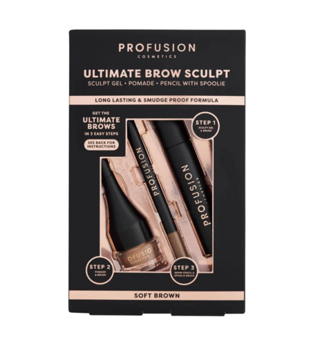Set Profusion Cosmetics: Ultimate Brow Sculpt, Eyebrow Gel, Soft Brown, 1.8 g + Ultimate Brow Sculpt, Defining, Eyebrow Cream Pencil & Brush 2-In-1, Soft Brown, 0.07 g + Ultimate Brow Sculpt, Eyebrow Pomade, Soft Brown, 4 ml