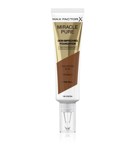 Max Factor, Miracle Pure, Hyaluronic Acid, Radiant, Liquid Foundation & Serum 2-In-1, Cocoa, 100, SPF 30, 30 ml