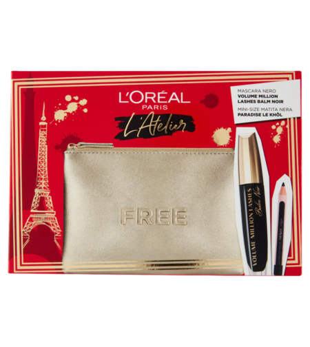 Atelier Kit Set L'Oreal Paris: Volume Million Lashes, Volumizing & Lengthening, Mascara, Black, 8.9 ml + Paradise Le Khol, Kajal Eye Pencil, 1.2 g + Textile Makeup Bag, Gold