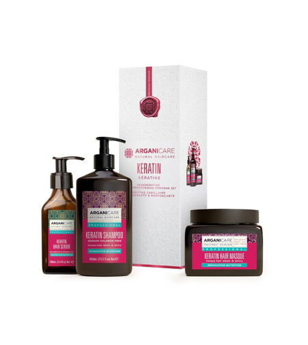 Set Arganicare: Keratin, Hair Shampoo, Repairing & Nourishing, 400 ml + Keratin, Hair Treatment Cream Mask, Nourishing & Repairing, 500 ml + Keratin, Hair Serum, Nourishing & Strengthening, 100 ml