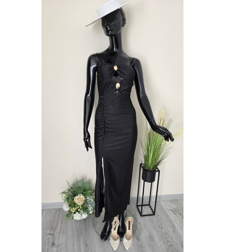 Rochie de Ocazie Neagră cu Decupaje și Broșe Aurii