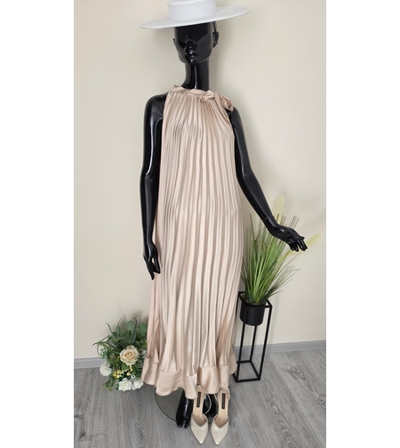 Rochie Lungă Plisată Aria- Șampanie